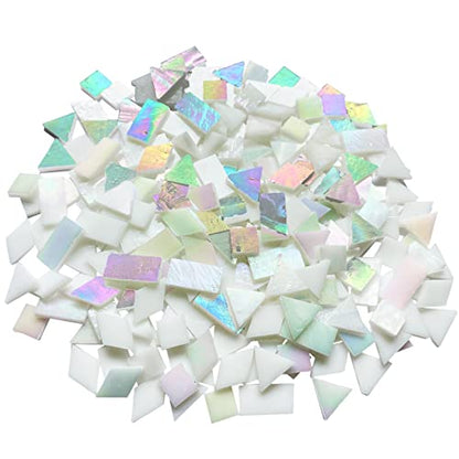 Iridescent White Glass Mosaic Tiles for Crafts (9 Ounce)