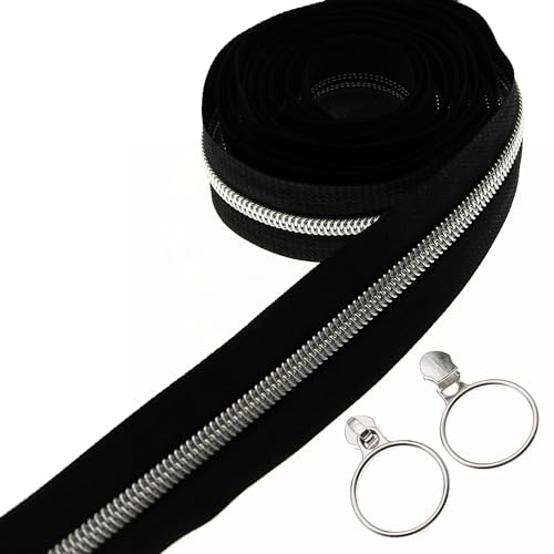 5 Silver Metallic Nylon Coil Zippers by The Yard Bulk 10 Yards Black Zipper Tape with 25pcs Silver Sliders for DIY Sewing Tailor Craft Bag