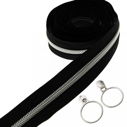 5 Silver Metallic Nylon Coil Zippers by The Yard Bulk 10 Yards Black Zipper Tape with 25pcs Silver Sliders for DIY Sewing Tailor Craft Bag