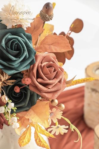 Artificial Flowers 25pcs Real Looking Teal Green Terracotta Ombre Colors Foam Fake Roses with Stems for DIY Wedding Bouquets Bridal Shower Centerpieces Floral Arrangements Tables Decoration (25 Count)