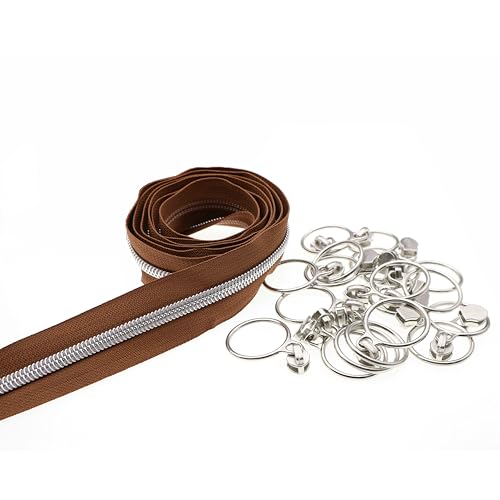 5 Silver Metallic Nylon Coil Zippers by The Yard Bulk 10 Yards Brown Zipper Tape with 25pcs Silver Ring Pull Sliders for DIY Sewing Tailor Craft Bag