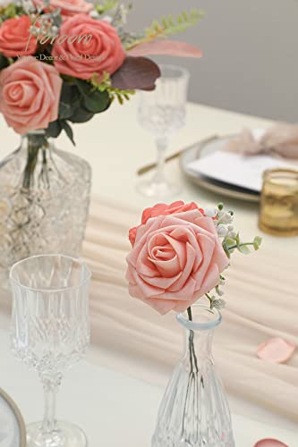 Artificial Flowers 25pcs Real Looking Mixed Living Coral Foam Fake Roses with Stems for DIY Wedding Bouquets Bridal Shower Centerpieces Floral Arrangements Party Tables Home Decorations (25 Count)