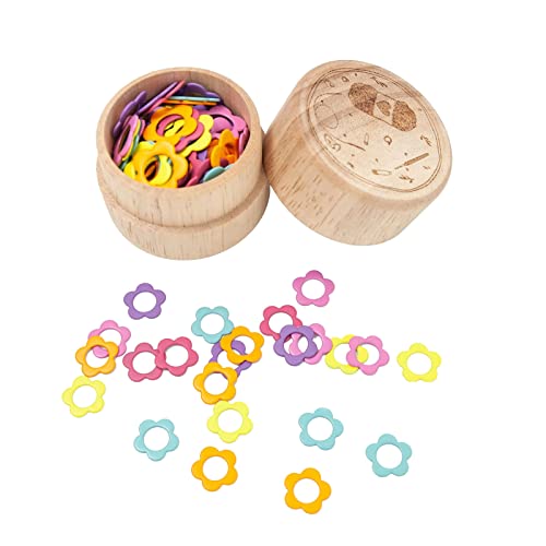 60PCS Multicolor Stitch Markers Flower Shape Metal Ring Stitch Stoppers Mini Crochet Locking Markers with Wooden Storage Box