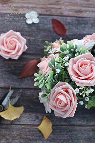 Artificial Flowers 25pcs Real Looking Shimmer Blush and Peach Foam Fake Roses with Stems for DIY Wedding Bouquets Bridal Shower Centerpieces Floral Arrangements Party Tables Home Decorations (25 Count)