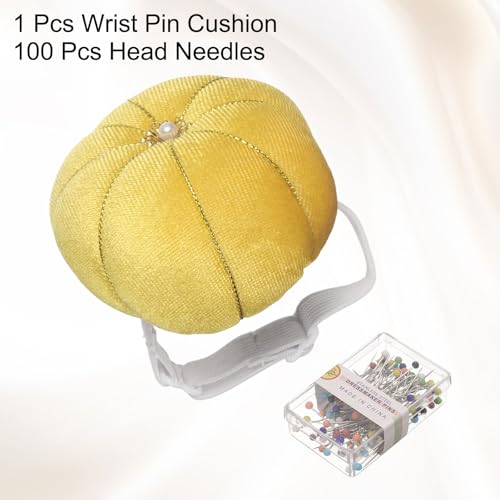 Wrist Pin Cushion Wristband Sewing Pincushion Polyester Pin Holder Wearable Pumpkin Shaped Needles Wristband with 100 Head Needles for Sewing Quilting DIY Crafts
