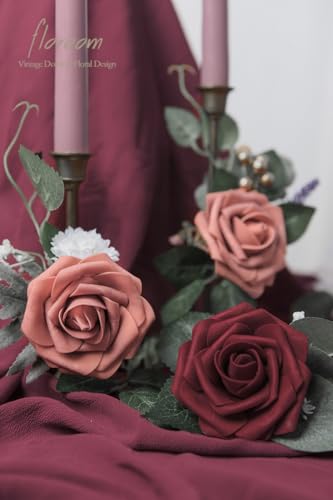 Artificial Flowers 25pcs Real Looking Dusty Pinky Cedar Foam Fake Roses with Stems for DIY Wedding Bouquets Bridal Shower Centerpieces Floral Arrangements Party Tables Home Decorations (25 Count)