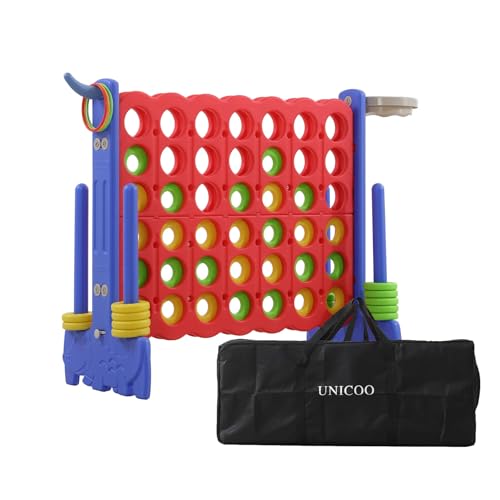 Giant 4-in-a-Row Game with Carry Bag, 3-in-1 Jumbo 4-to-Score Outdoor Yard Game with Basketball Hoop, Ring Toss, Quick-Release Slider, 42 Rings, Family Party Game for Kids & Adults