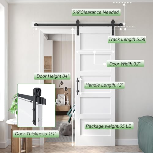 32inx80in White Barn Door and 5.5FT Sliding Barn Door Hardware Kit Included