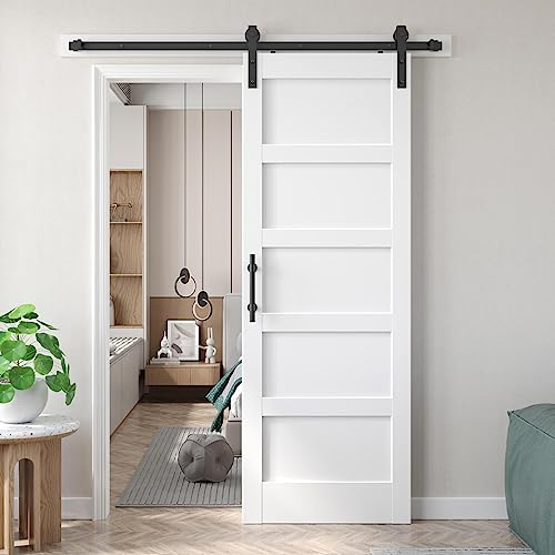 30x84 inch White Barn Door with 5.5FT Sliding Door Hardware Kit Included & Handle