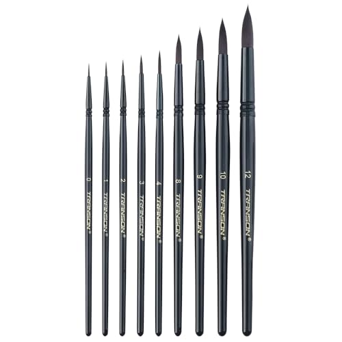 Round Paint Brush Set 9pcs Synthetic Sable Hair for Acrylic Painting Watercolor Painting Gouache Ink Craft and Detail Painting Black Color (9 Count)