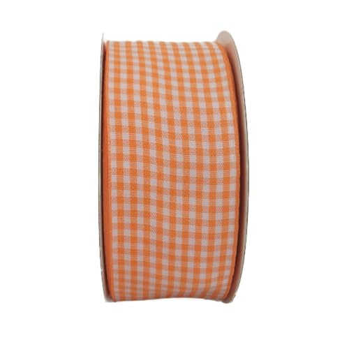 1.5 Inch Orange and White Woven Edge Plaid Chekered Ribbon 100% Polyester Gingham Ribbon 25 Yards Each Roll for Halloween Thanks