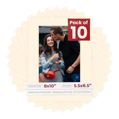 Pack of TEN 8x10 Mats Bevel Cut for 5.5x8.5 Photos (10 Count)