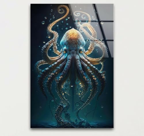 30Wx35.5H'' Underwater Blue Octopus Glass Wall Art Tempered Glass Printing Wall Decor Large Wall Art Wall Hangings