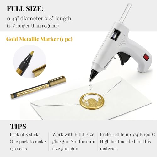 Crystal Clear Glue Gun Wax Seal Sticks with Gold Metallic Marker for Wax Seal Stamp; Transparent Sealing Wax for DIY Craft (8 Count)