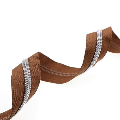 5 Silver Metallic Nylon Coil Zippers by The Yard Bulk 10 Yards Brown Zipper Tape with 25pcs Silver Ring Pull Sliders for DIY Sewing Tailor Craft Bag