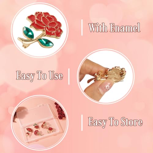 Beadthoven 5Pcs Red Flower Brooches Rose Flower Enamel Pins 3D Floral Alloy Crystal Rhinestone Brooch Metal Lapel Badge Pins for Valentine's Day Holiday Halloween Birthday Jewelry (5 Count)