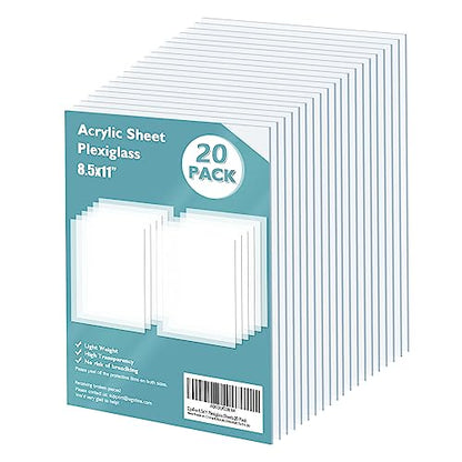 Plexiglass Sheets Acrylic Sheets 20 Pack of 8.5x11’’ 0.04 Thick Clear Plastic Cast Transparent Plexi Glass for Crafting Projects (13 Sq Ft)