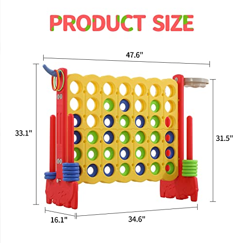 Giant 4-in-a-Row Game with Carry Bag, 3-in-1 Jumbo 4-to-Score Outdoor Yard Game with Basketball Hoop, Ring Toss, Quick-Release Slider, 42 Rings, Family Party Game for Kids & Adults