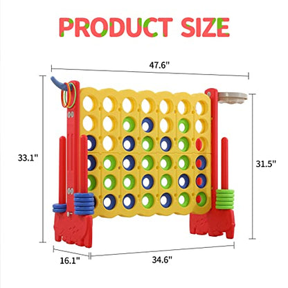 Giant 4-in-a-Row Game with Carry Bag, 3-in-1 Jumbo 4-to-Score Outdoor Yard Game with Basketball Hoop, Ring Toss, Quick-Release Slider, 42 Rings, Family Party Game for Kids & Adults