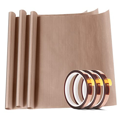 3 Pack PTFE Teflon Sheet 16 x 20" and 3 Rolls 10mm X 33m Heat Resistant Sublimation Tape for Heat Press Transfer Non Stick Paper Reusable Heat Resistant Craft Mat (6 Count)