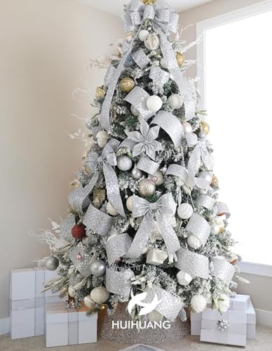 Silver Glitter Diamond Christmas Wired Ribbon 4 inch x 10 Yards (30 Foot)