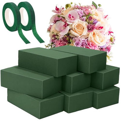 8 Pieces Floral Foam Blocks with 2 Rolls Floral Tape 5.5''L x 3.1''W x 1.8''H Green Square Flower Foams Flower Arrangements Supplies for Dry & Wet Flower Wedding Home Decor and DIY Crafts