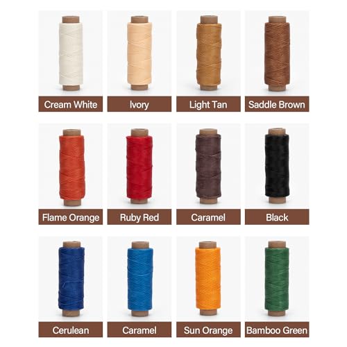 Leather Waxed Thread Round Polyester Sewing Threads Leather Craft Hand Stitching Line DIY Bracelet Thread Repair Work Cord with 12 Pcs Needles and Storage Bag (12 Count)