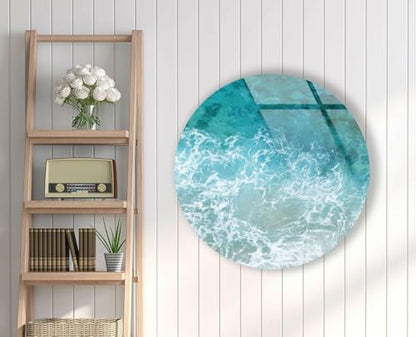 39,4''(100cm) Diameter Sea Waves Round Glass Wall Art Tempered Glass Printing Wall Decor Large Wall Art Wall Hangings