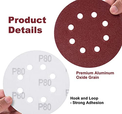 150 PCS Sanding Discs 80 Grit Hook and Loop 5 Inch 8 Hole Adhesive Sandpaper for Woodworking and Automotive (150 Count)