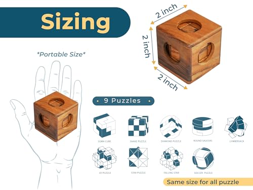9 in 1 Wooden Brain Teaser Puzzles for Adults Teens Box Set Wood Hard Level 10 Impossible Mind Wood Brain Teaser Games 3D Hand Puzzle Sets for Decoration and Mini Toys (9 Count)