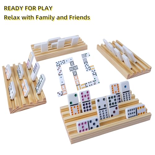 Double 6 Color Dot Dominoes Set with 4 Wooden Trays