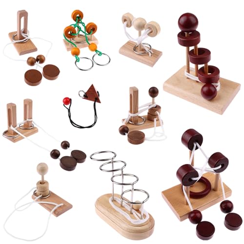 10 PCS Wooden Rope Puzzle Set Brain Teasers Puzzles Mind Toys for Adults Boys Girls Wooden Threading Rope Loop Toy Mind Toys Educational Toy (10 Count)