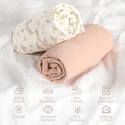 Organic Baby Crib Sheets 52x28 Inches 2 Pack 100% Muslin Cotton Soft Fitted Crib Mattress Sheet for Baby Girls (2 Count)