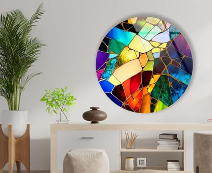 39,4''(100cm) Diameter Multicolor Round Stained Glass Wall Art Vibrant Mosaic Abstract Panel Tempered Glass Printing Wall Decor Large Wall Art Wall Hangings