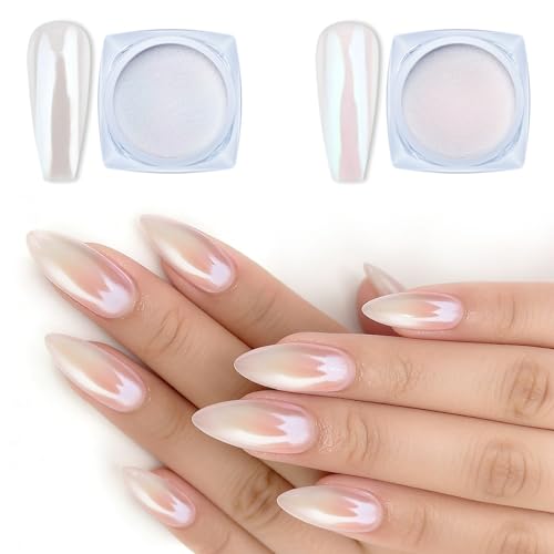 2 Jars Chrome Nail Art Pearl Powder White and Red Iridescent