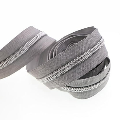 5 Silver Metallic Nylon Coil Zippers by the Yard Bulk 10 Yards Gray Zipper Tape with 25pcs Silver Ring Pull Zipper Sliders for DIY Sewing Tailor Craft Bag