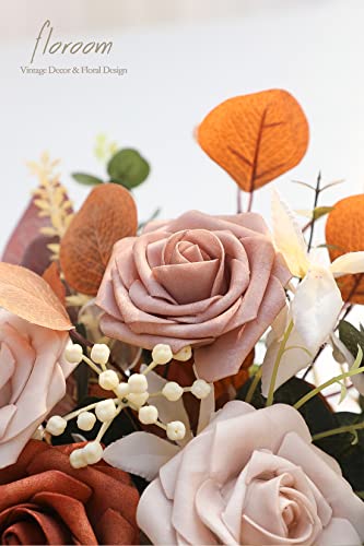 Artificial Flowers 25pcs Real Looking Burnt Orange Ombre Colors Foam Fake Roses with Stems for DIY Wedding Bouquets Bridal Shower Floral Centerpieces Party Tables Home Decorations (25 count)
