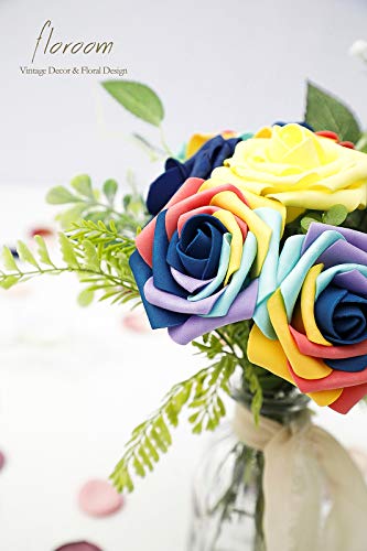 Artificial Flowers 25pcs Real Looking Whimsical Blue Foam Fake Roses with Stems for DIY Wedding Bouquets Baby Shower Centerpieces Floral Arrangements Party Tables Home Decorations (25 Count)