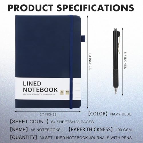 30 Set Lined Notebook Journals with Pens A5 Notebooks 100 GSM College Ruled Hardcover Notebook PU Leather Notepad with Pen Holder for Office School