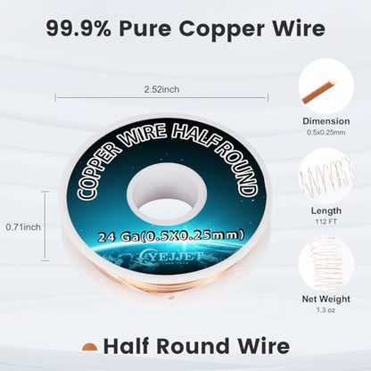 Ultra Fine 24 Gauge Copper Wire Half Round 0.5x0.25mm (112 Foot)