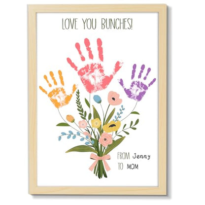 Colorful Flower Bouquet Handprint Art Craft DIY Kit Mother's Day Gifts From Daughter or Son Fun Family Handprint Keepsake with Wood Frame for Mom Grandma Birthday Christmas 12x16 Inch