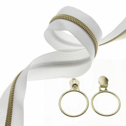 5 Gold Metallic Nylon Coil Zippers by the Yard Bulk 10 Yards White Zipper Tape with 25pcs Gold Ring Pull Sliders for DIY Sewing Tailor Craft Bag (35 Count)