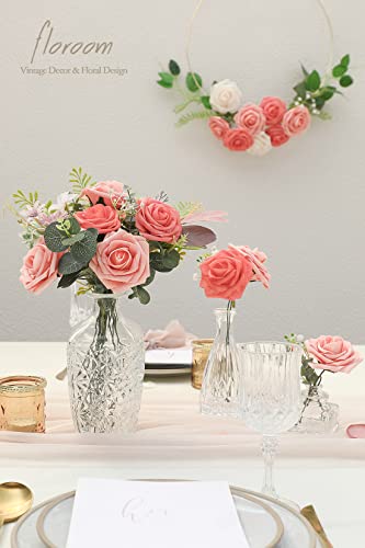 Artificial Flowers 25pcs Real Looking Mixed Living Coral Foam Fake Roses with Stems for DIY Wedding Bouquets Bridal Shower Centerpieces Floral Arrangements Party Tables Home Decorations (25 Count)