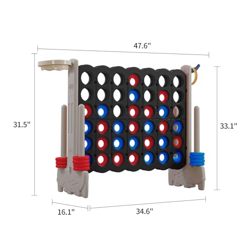Giant 4-in-a-Row Game with Carry Bag, 3-in-1 Jumbo 4-to-Score Outdoor Yard Game with Basketball Hoop, Ring Toss, Quick-Release Slider, 42 Rings, Family Party Game for Kids & Adults