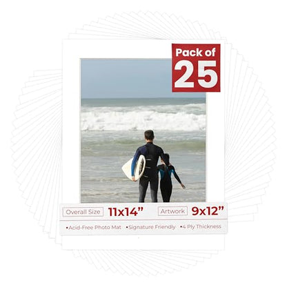 Pack of 25 Acid Free 11x14 Mats Bevel Cut for 9x12 Photos (25 Count)