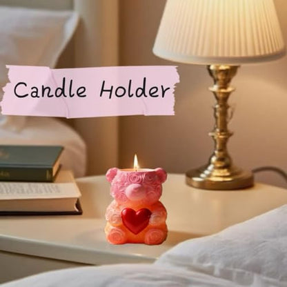 Animal Resin Molds Silicone 3D Cute Bear with Rose Epoxy Resin Jar Plaster Candle Holder Wax Molds for Candle Making