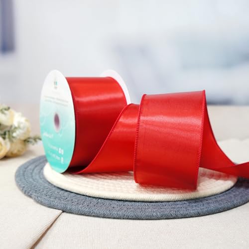 Satin Wired Ribbon 2.5 Inch x 20 Yards Red for Christmas Home Décor Gift Wrapping Tree Topper Bow Wreath DIY Crafts (60 Foot)