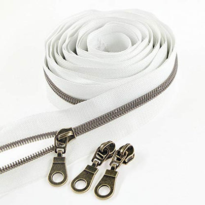 5 Antique Brass Metallic Nylon Coil Zippers by The Yard Bulk 10 Yards White Tape with 25pcs Antique Brass Sliders for DIY Sewing Tailor Craft Bag