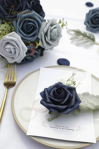 Artificial Flowers 25pcs Real Looking Dusty Blue Ombre Colors Foam Fake Roses with Stems for DIY Wedding Bouquets Bridal Shower Centerpieces Floral Arrangements Party Tables Home Decorations (25 Count)