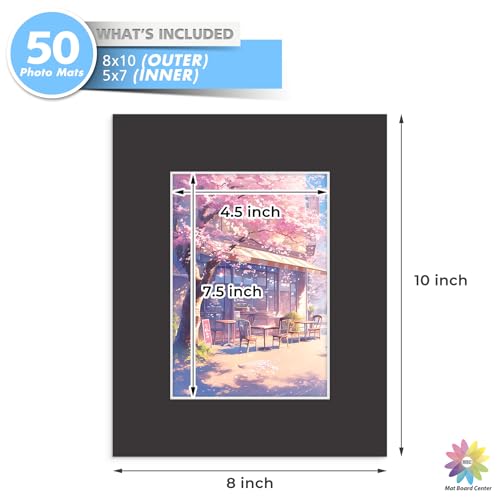Mat Board Center 50 Pack 8x10 Picture Mat for 5x7 Photo Black